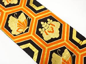 アンティーク　亀甲繋ぎに桐・蝶模様織り出し袋帯（着用可）